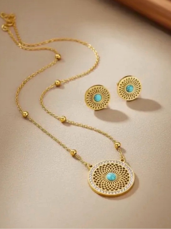 Anthropologie Jewelry - Gold Turquoise Pendant Necklace and Stud Earrings Set